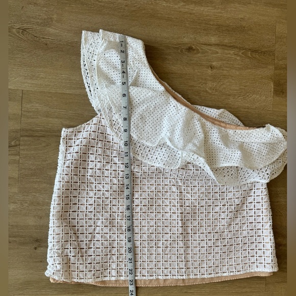 J. Crew One Shoulder Ruffle Eyelet White Statement Blouse Top SZ 12 - Picture 7 of 11